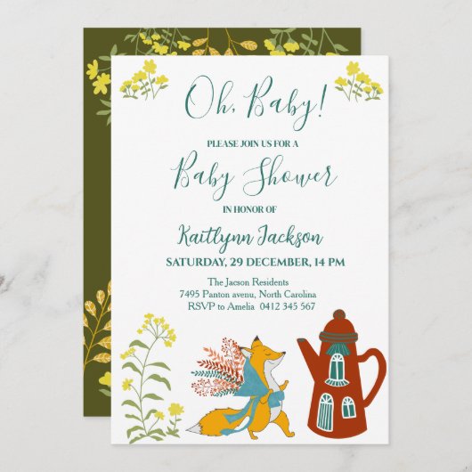 Babyfox und Blume Babydusche Einladung (Vorne/Hinten)