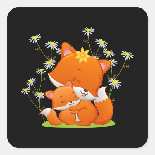 Babyfuchs drückt ihre Mutter. Quadratischer Aufkleber (Vorderseite)