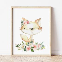 Babyfuchs, Waldtiere, Boho, rosa Blume Poster