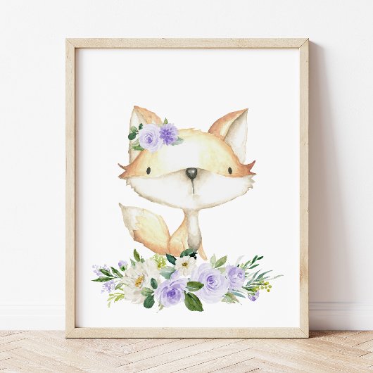 Babyfuchs, Waldtiere, Boho, violette Blumen Fotodruck