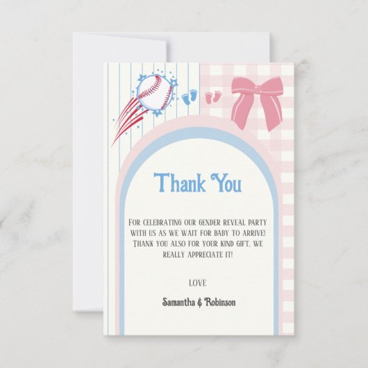 Babygeschlecht enthüllt Baseballs oder Bows Dankeskarte (Vorderseite)