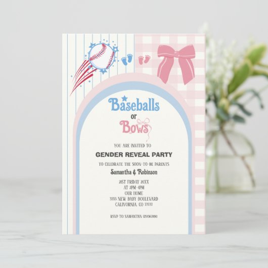 Babygeschlecht enthüllt Baseballs oder Bows Einladung (Stehend Vorderseite)