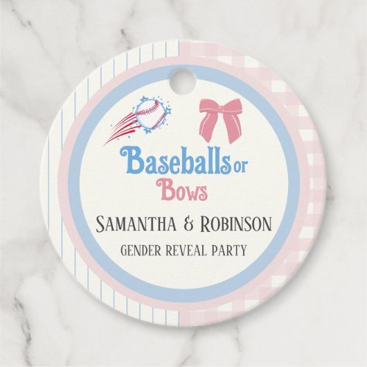 Babygeschlecht enthüllt Baseballs oder Bows Geschenkanhänger (Vorderseite)