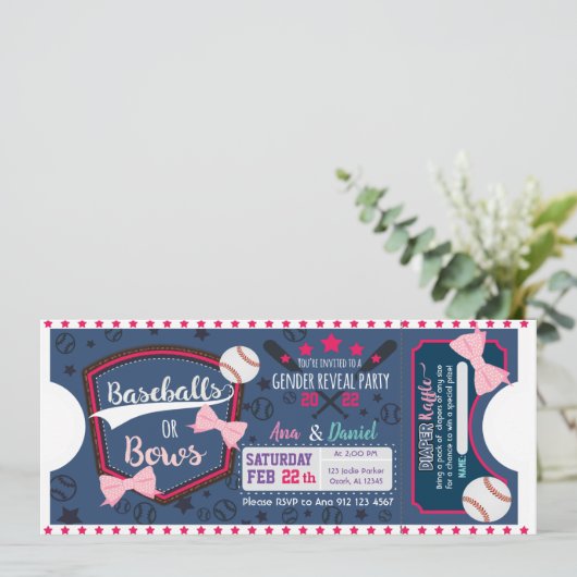 Babygeschlecht zeigt Baseballs oder Bows-Windelraf Einladung (Stehend Vorderseite)