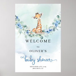 Babygiraffe Blau Blumen Kinderdusche Begrüßung Poster