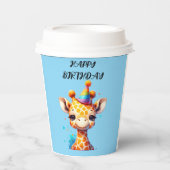 Babygiraffe mit Party, die zum Geburtstag hellblau Pappbecher (Vorderseite)