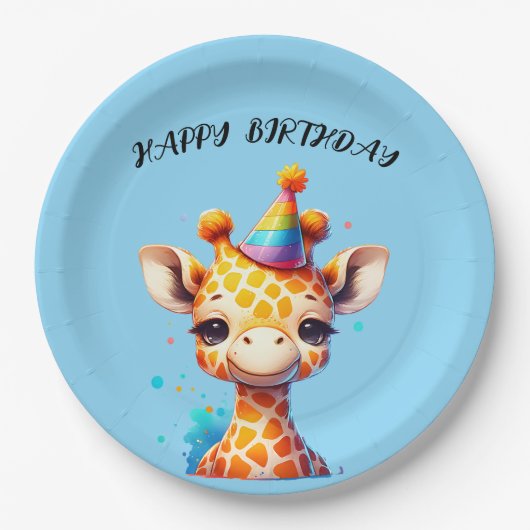 Babygiraffe mit Party zum Geburtstag Pappteller (Vorderseite)