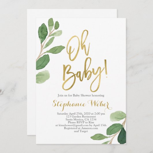 Babygrün und goldene Babydusche Einladung (Vorne/Hinten)