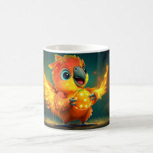babygrüner und gelber Papagei, der ein leuchtendes Kaffeetasse
