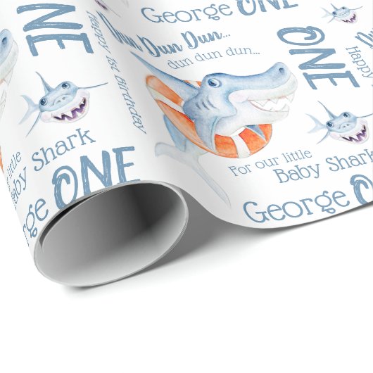 Babyhai 1. Geburtstag, benutzerdefinierte Aquarell Geschenkpapier (Rolleneckpunkt)
