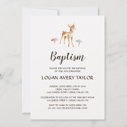 Babyhirsche mit Pilztaufe Einladung (Vorderseite)