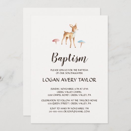 Babyhirsche mit Pilztaufe Einladung (Vorne/Hinten)