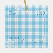 Babyjunge Blau karierte Schneeflocke erste Weihnac Keramikornament (Vorderseite)