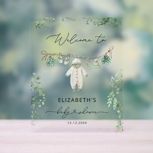 Babykleidung Boho Eucalyptus Babydusche Begrüßung Acrylschild (Neutral)