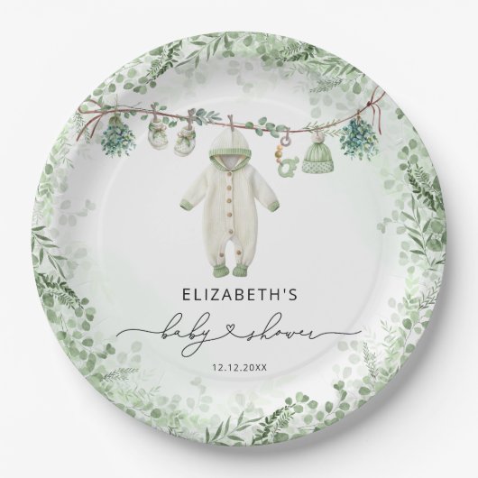 Babykleidung Boho Eucalyptus Babydusche Pappteller (Vorderseite)