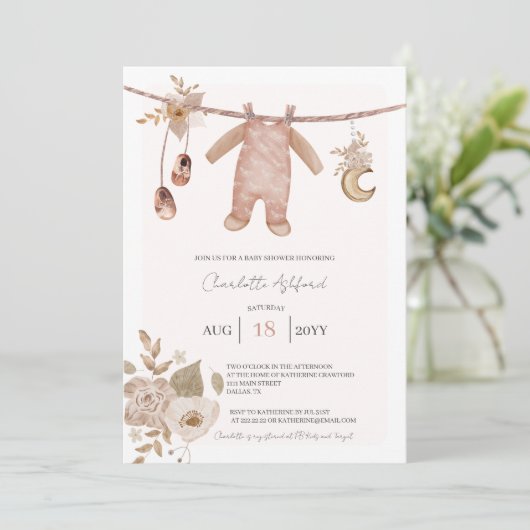 Babykleidung Boho Neutral Baby Dusche Einladung (Stehend Vorderseite)
