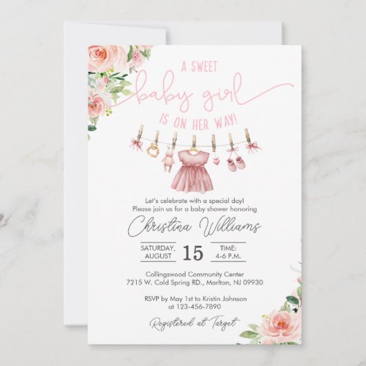 Babykleidung Kinderdusche Einladung für ein Mädche (Vorderseite)