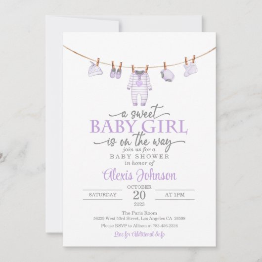 Babykleidung Kinderdusche Einladung - Lila (Vorderseite)