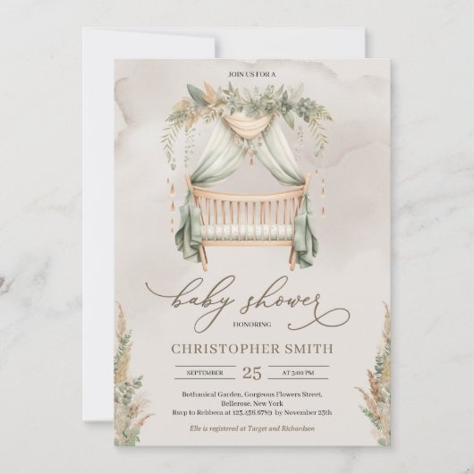 Babykrippe aus Pampasgras, grün und braun Einladung (Vorderseite)