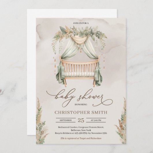 Babykrippe aus Pampasgras, grün und braun Einladung (Vorne/Hinten)