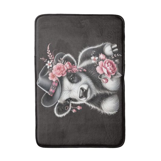 Babykuh in einem stilvollen Hut mit rosa Blüten Badematte (Vorderseite Vertikal)