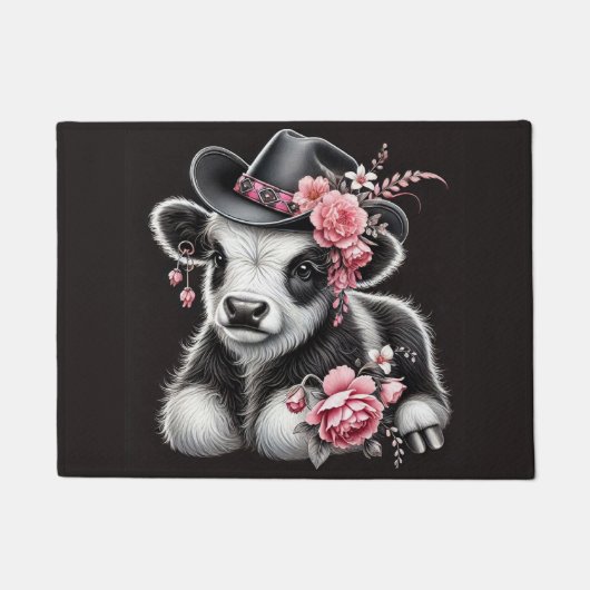Babykuh in einem stilvollen Hut mit rosa Blüten Fußmatte (Vorderseite)