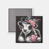 Babykuh in einem stilvollen Hut mit rosa Blüten Magnet (Vorderseite/Rückseite)