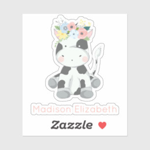 Babykuh mit floraler Krone, personalisierter Name Aufkleber