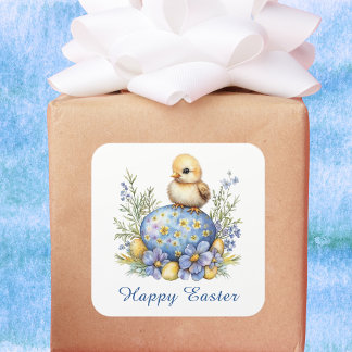 Babyküken Frohe Ostern Ei Blau Gelbe Blumen Quadratischer Aufkleber