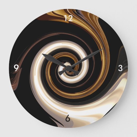 Babylon Swirl in Schwarz, Weiß, Braun und Gold Große Wanduhr (Vorderseite)