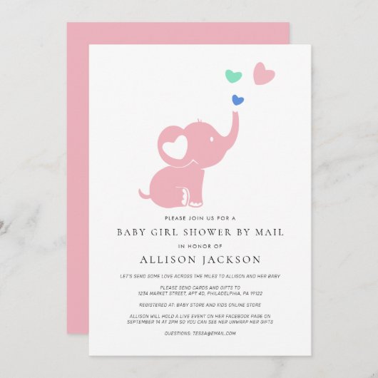 Babymädchen-Dusche mit Mail Pink Elephant Einladung (Vorne/Hinten)