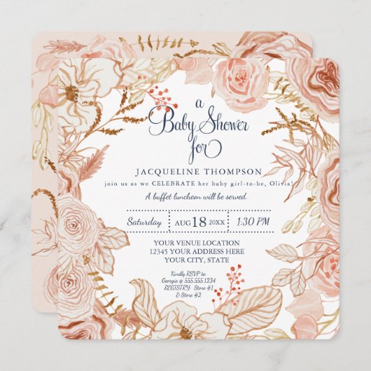 Babymädchen-Dusche Rosa Wasserfarbe Blumenblätter Einladung (Vorne/Hinten)