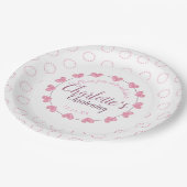 Babymädchen Taufrosa u. weiße Blumenplatte Pappteller (Schrägansicht)