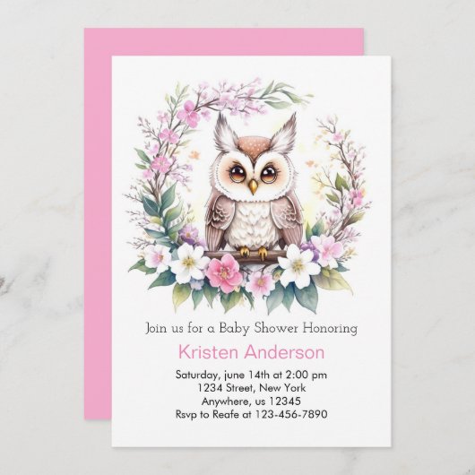 Babymädchen-Whimsikale-Eule-Dusche. Einladung (Vorne/Hinten)