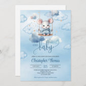 Babymäuse in Aquarellfarbe auf Schwung am blauen H Einladung (Vorne/Hinten)