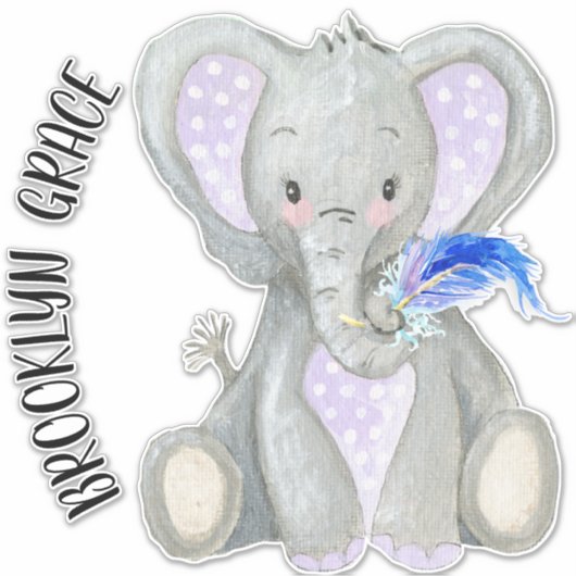 Babyname Niedlich Adorable Feather Lavender Elepha Aufkleber (Vorderseite)