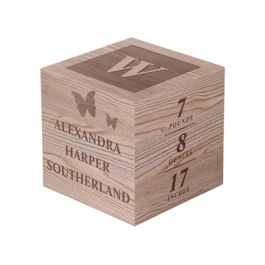 Babyname und Geburtsstaten Sake-Imitate Holz Würfel (Vorderseite Schrägansicht)