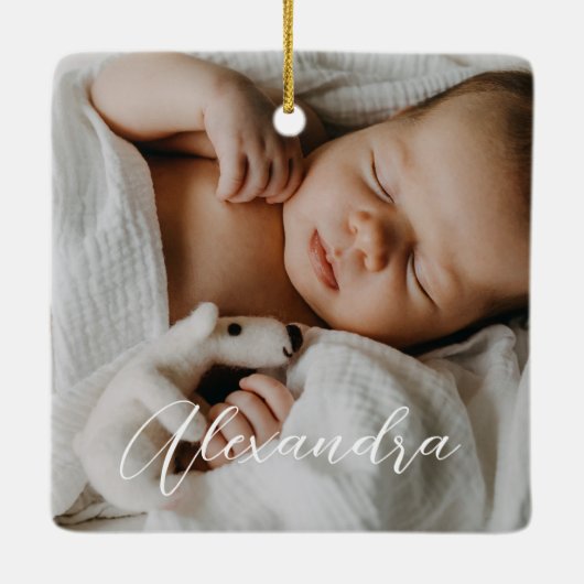 Babyname und Geburtsstats Foto White Keepake Keramikornament (Rückseite)