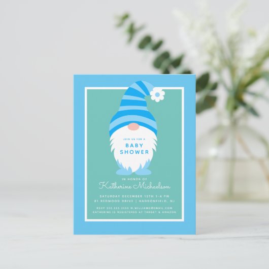 Babyparty | Blue Stripe Gnome Postkarte (Stehend Vorderseite)