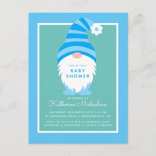 Babyparty | Blue Stripe Gnome Postkarte (Vorderseite)