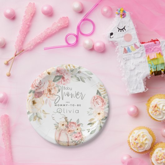 Babyparty | Blush Coral Pumpkin Peony Floral Pappteller (Party)