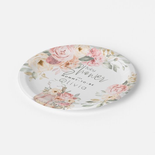 Babyparty | Blush Coral Pumpkin Peony Floral Pappteller (Schrägansicht)