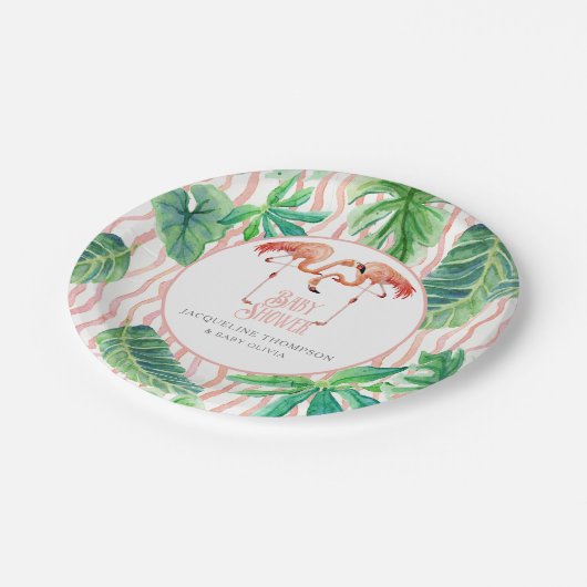 Babyparty-Dekor-Blatt-Rosa-Flamingo-Aquarell Pappteller (Schrägansicht)