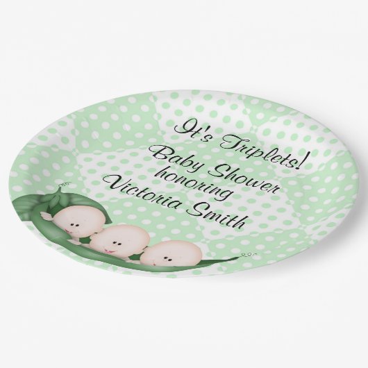 Babyparty-Dreiergruppe-Erbsen in einer Hülse Pappteller (Schrägansicht)