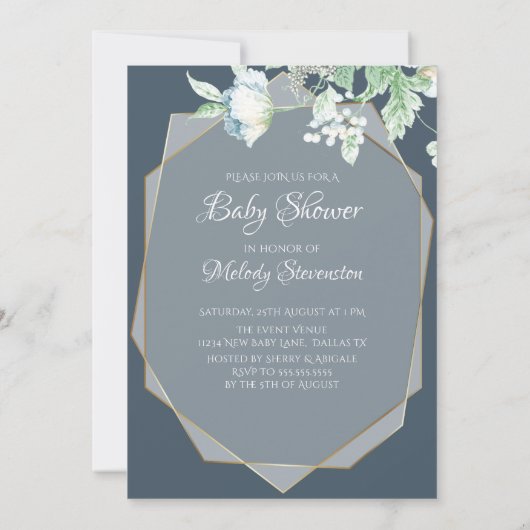 Babyparty | Dusty Blue Wildblumen Berries Einladung (Rückseite)