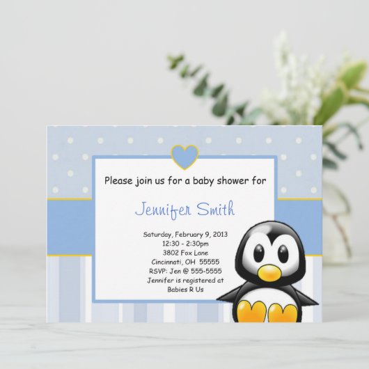Babyparty-Einladung - Baby Penquin Herz Einladung (Stehend Vorderseite)