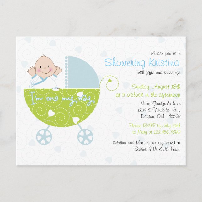 Babyparty-Einladung für Baby-Blau-Wagen Einladungspostkarte (Vorderseite)