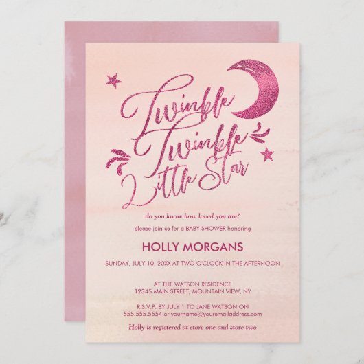Babyparty-Einladungs-Funkeln-Stern-Rosa Einladung (Vorne/Hinten)
