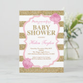 Babyparty-Einladungs-Rosa und Gold Glitte mit Einladung (Stehend Vorderseite)
