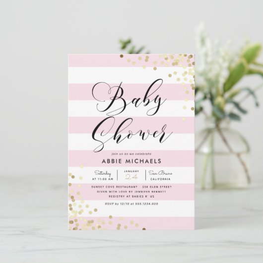 Babyparty | Elegante Gold Confetti & Pink Streifen Einladung (Stehend Vorderseite)